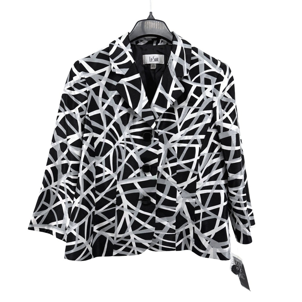 NEW Le Suit Blazer Womens 14 Blazer Black Multi Geometric Abstract 3/4 Sleeves